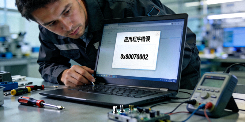 技术人员正在检查笔记本电脑屏幕上显示的程序错误弹窗