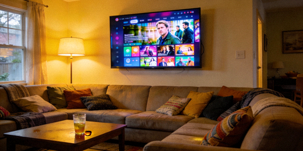 家庭客厅中，电视正在播放高清流媒体电影，画面清晰色彩鲜艳