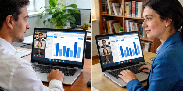 两个人在不同地点通过笔记本电脑进行视频会议，屏幕共享着工作图表