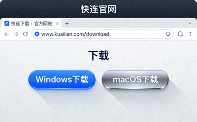 浏览器中打开的快连官网下载页面截图，突出显示Windows和macOS下载按钮