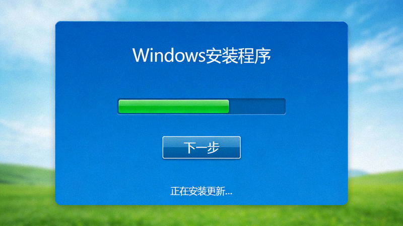 Windows系统安装向导界面截图，显示安装进度条和下一步按钮