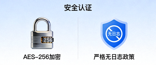 显示AES-256加密锁和严格无日志政策的安全认证图标