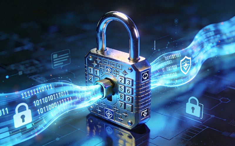 一个巨大的数字锁具锁住数据流，象征军事级加密保护在线隐私和安全