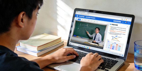 一位学生正在使用笔记本电脑访问在线教育平台，屏幕上显示着课程视频和讲义