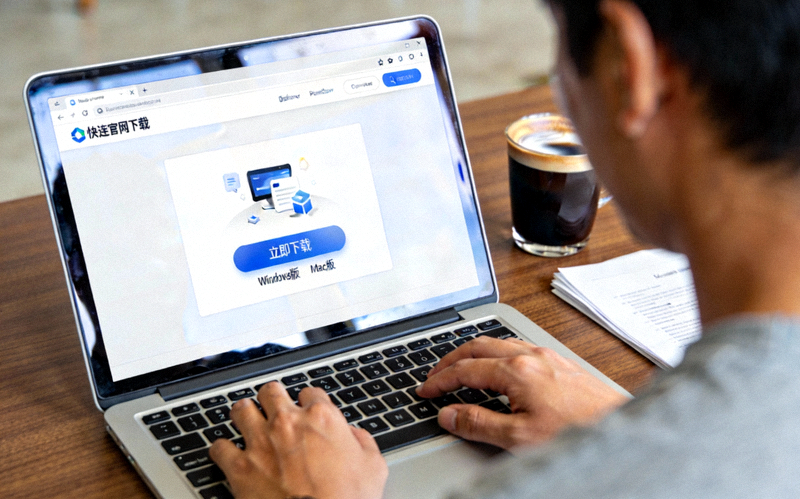 用户正在笔记本电脑上访问快连官网下载页面，屏幕上显示着清晰的下载按钮