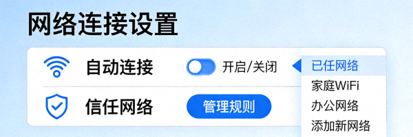 展示自动连接和信任网络功能的设置选项，方便用户管理连接规则